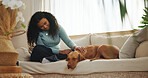 Woman, relax and dog on sofa with smile, affection and love companion for bonding together on weekend. Happy, person and tired pet rest in home with connection, animal care and support for wellness.