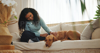 Buy stock photo Woman, relax and dog on sofa with smile, affection and love companion for bonding together on weekend. Happy, person and tired pet rest in home with connection, animal care and support for wellness.
