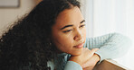 Thinking, woman and relax with window at house for peace, calm morning and ideas for stress relief. Female person, rest or daydreaming with reflection, comfortable and contemplating for weekend break