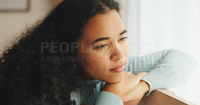Buy stock photo Thinking, woman and relax with window at house for peace, calm morning and ideas for stress relief. Female person, rest or daydreaming with reflection, comfortable and contemplating for weekend break