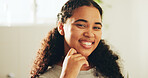 Portrait, smile and woman in bathroom for dental hygiene, oral wellness and self care in home. Teeth, orthodontics and happy African person with veneers, dentistry and shine for gum health in house