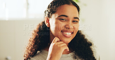 Buy stock photo Portrait, smile and woman in bathroom for dental hygiene, oral wellness and self care in home. Teeth, orthodontics and happy African person with veneers, dentistry and shine for gum health in house