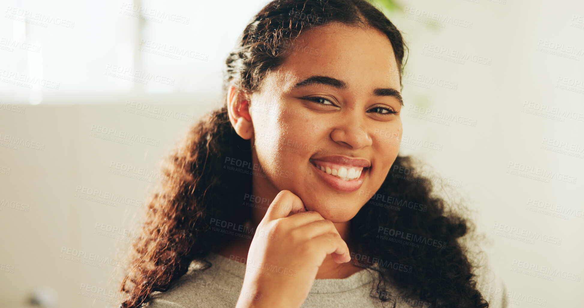 Buy stock photo Portrait, smile and woman in bathroom for dental hygiene, oral wellness and self care in home. Teeth, orthodontics and happy African person with veneers, dentistry and shine for gum health in house