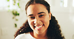 Portrait, smile and woman in bathroom for oral hygiene, dental wellness and self care in home. Teeth, orthodontics and happy African person with veneers, dentistry and shine for gum health in house