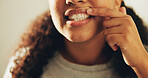 Dental, woman or mouth in bathroom with check, hygiene results or tooth wellness in orthodontics. Dentistry, cleaning and person in house with inspection, teeth whitening and gum health in oral care.