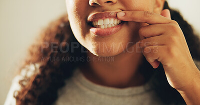 Buy stock photo Dental, woman or mouth in bathroom with check, hygiene results or tooth wellness in orthodontics. Dentistry, cleaning and person in house with inspection, teeth whitening and gum health in oral care.