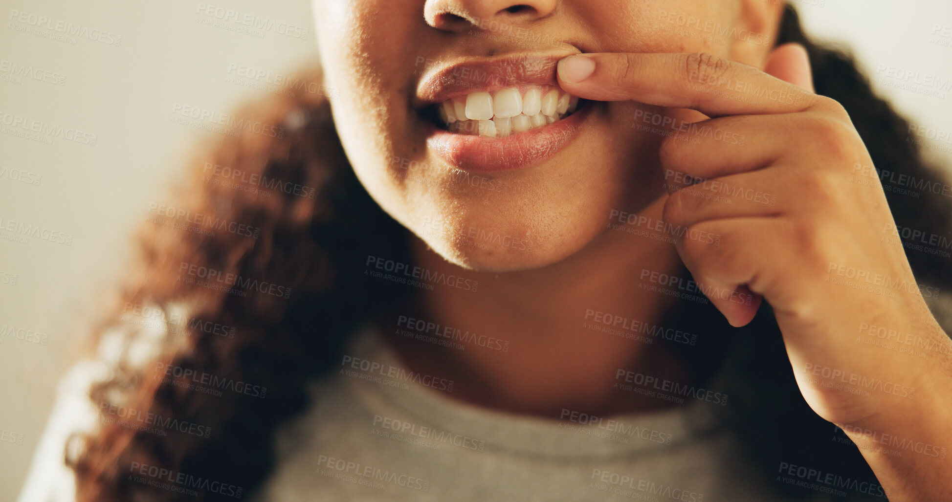 Buy stock photo Dental, woman or mouth in bathroom with check, hygiene results or tooth wellness in orthodontics. Dentistry, cleaning and person in house with inspection, teeth whitening and gum health in oral care.