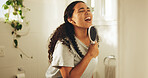 Brush, singing and woman in bathroom for music, fun or self care routine in morning. Performance, grooming and female person with cosmetic tool as mic for karaoke, humor or song in home with hygiene