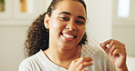 Portrait, woman and pimple patch in home with skincare, blemish control or smile for breakout benefits. Female person, cosmetic product and bathroom for acne treatment, blackheads or dermatology