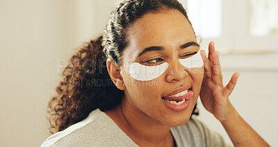 Buy stock photo Skincare, eye patches and woman in bathroom for dark circles reduction, hydration and beauty treatment. Smile, self care and person with collagen product for dermatology or morning routine in home