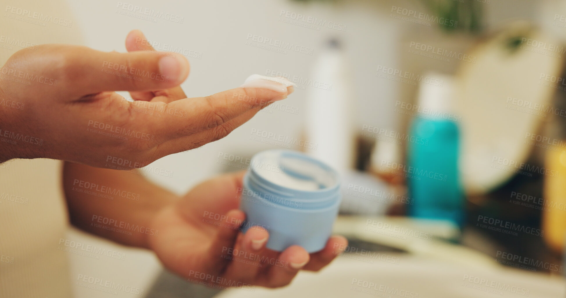 Buy stock photo Hands, skincare and cream in bathroom for moisturizer, health and hydration product. Home, dermatology and person with lotion in container for sunscreen, anti aging cosmetics and wellness with beauty