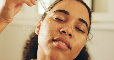 Buy stock photo Woman, skincare and serum in bathroom for moisturizer, health and hydration product. Home, dermatology and person with lotion or face oil for vitamin c, anti aging cosmetics and wellness with beauty