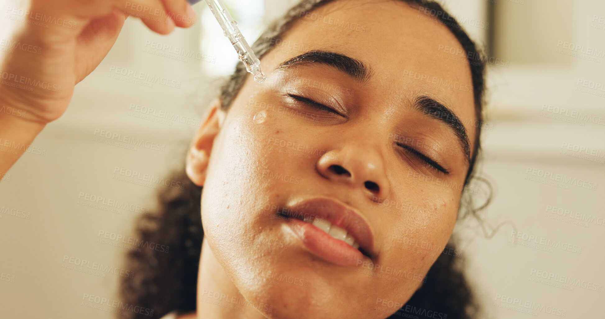 Buy stock photo Woman, skincare and serum in bathroom for moisturizer, health and hydration product. Home, dermatology and person with lotion or face oil for vitamin c, anti aging cosmetics and wellness with beauty