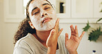 Woman, skincare and cream in bathroom for moisturizer, health and hydration product. Home, dermatology and person with lotion or face mask for sunscreen, anti aging cosmetics and wellness with beauty