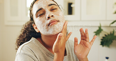 Buy stock photo Woman, skincare and cream in bathroom for moisturizer, health and hydration product. Home, dermatology and person with lotion or face mask for sunscreen, anti aging cosmetics and wellness with beauty
