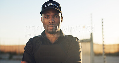 Buy stock photo Portrait, black man and guard for security outdoor for surveillance, authority and perimeter protection. Serious, male person and bodyguard for access control, restricted area and threat detection