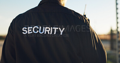 Buy stock photo Back, guard and security with uniform outdoor for surveillance, authority and perimeter protection. Male person, radio and bodyguard services for access control, restricted area and threat detection