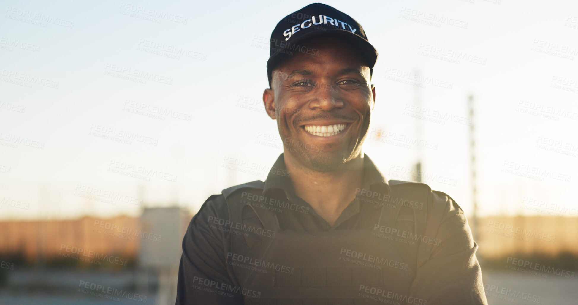 Buy stock photo Smile, black man and guard for security outdoor for surveillance, authority and perimeter protection. Portrait, male person and bodyguard duty for access control, restricted area and threat detection