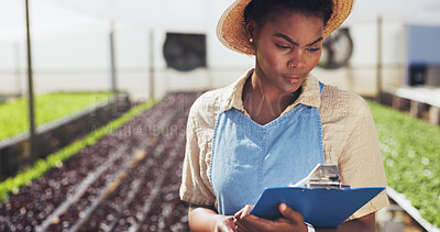 Buy stock photo Clipboard, inspection and farmer with checklist for agriculture, sustainability and harvest. Greenhouse, plant and black woman on farm with agro business for crops, quality control or hydroponics