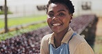 Portrait, black woman and farmer with smile outdoor for agriculture, sustainable and plant growth. Happy, female person and farming with food production, healthy crops and harvest for organic produce