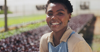 Buy stock photo Portrait, black woman and farmer with smile outdoor for agriculture, sustainable and plant growth. Happy, female person and farming with food production, healthy crops and harvest for organic produce