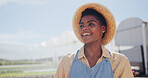 Thinking, black woman and farmer with smile outdoor for agriculture, sustainable and plant growth. Female person, vision or farming with food production, healthy crops and harvest for organic produce