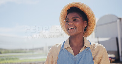 Buy stock photo Thinking, black woman and farmer with smile outdoor for agriculture, sustainable and plant growth. Space, female person and farming with vision, food production and healthy crops for organic produce