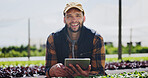 Tablet, inspection and farmer with portrait for agriculture, sustainability or harvest. Greenhouse, plant and man on farm with digital tech for agro business for crops, quality control or hydroponics