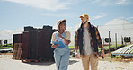Clipboard, inspection and farmer with discussion for agriculture, sustainability and harvest. Greenhouse, checklist and people on farm with agro business for crops, quality control or hydroponics
