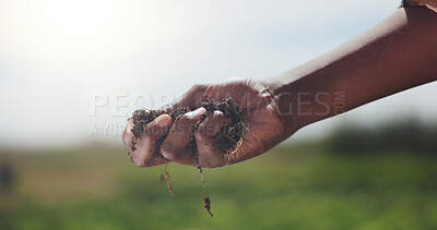 Buy stock photo Farmer, hand and check soil with inspection for healthy crops, quality assurance or sustainability. Space, person and compost evaluation on farm outdoor for agriculture, fertilizer nutrients or dirt.