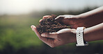 Hands, soil and inspection on farm with sustainability, quality assurance or check for healthy crops. Space, person or farmer outdoor with compost evaluation, agriculture work or fertilizer nutrients
