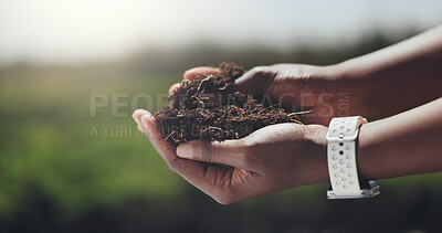 Buy stock photo Hands, soil and inspection on farm with sustainability, quality assurance or check for healthy crops. Space, person or farmer outdoor with compost evaluation, agriculture work or fertilizer nutrients