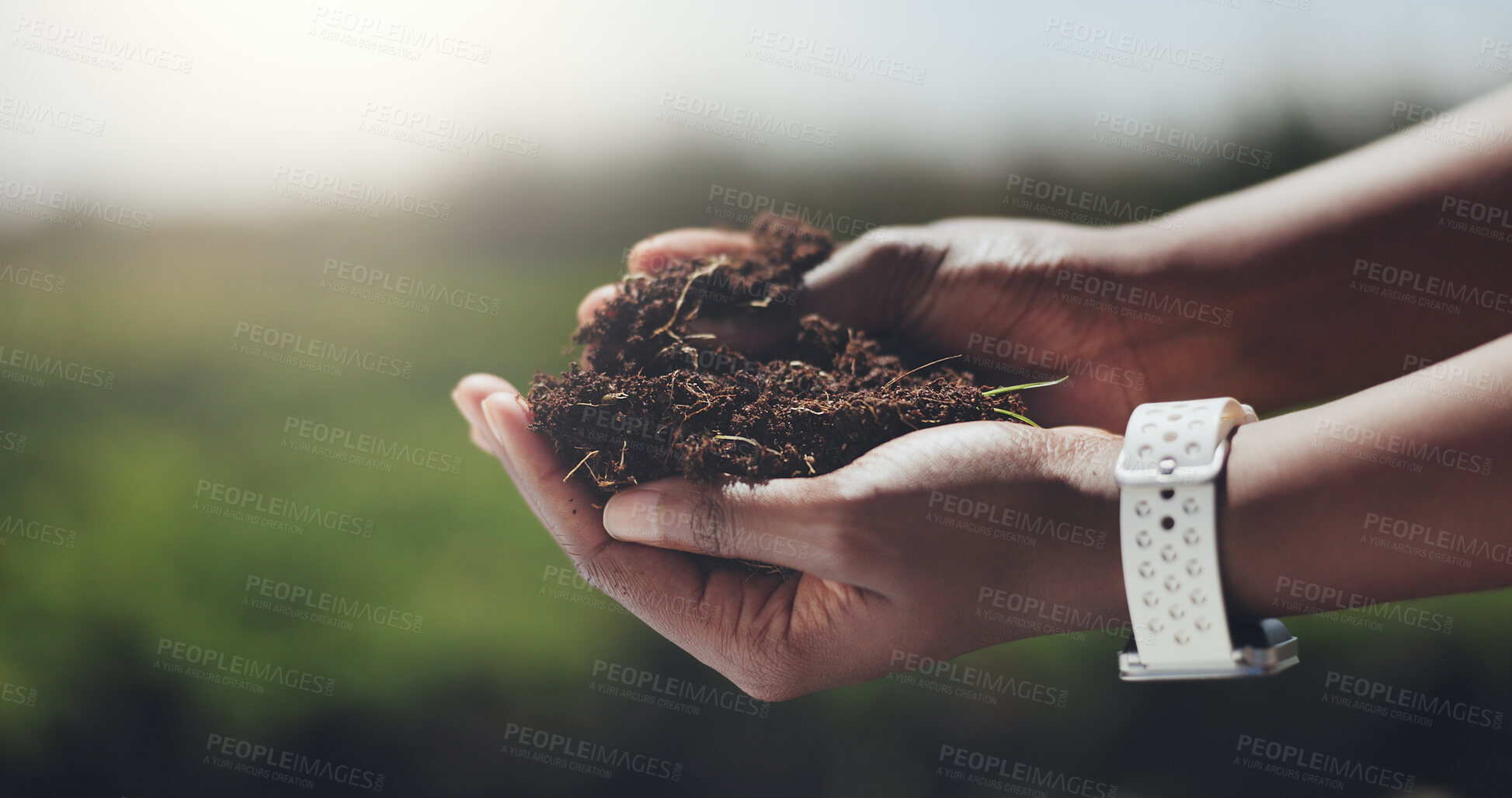 Buy stock photo Hands, soil and inspection on farm with sustainability, quality assurance or check for healthy crops. Space, person or farmer outdoor with compost evaluation, agriculture work or fertilizer nutrients
