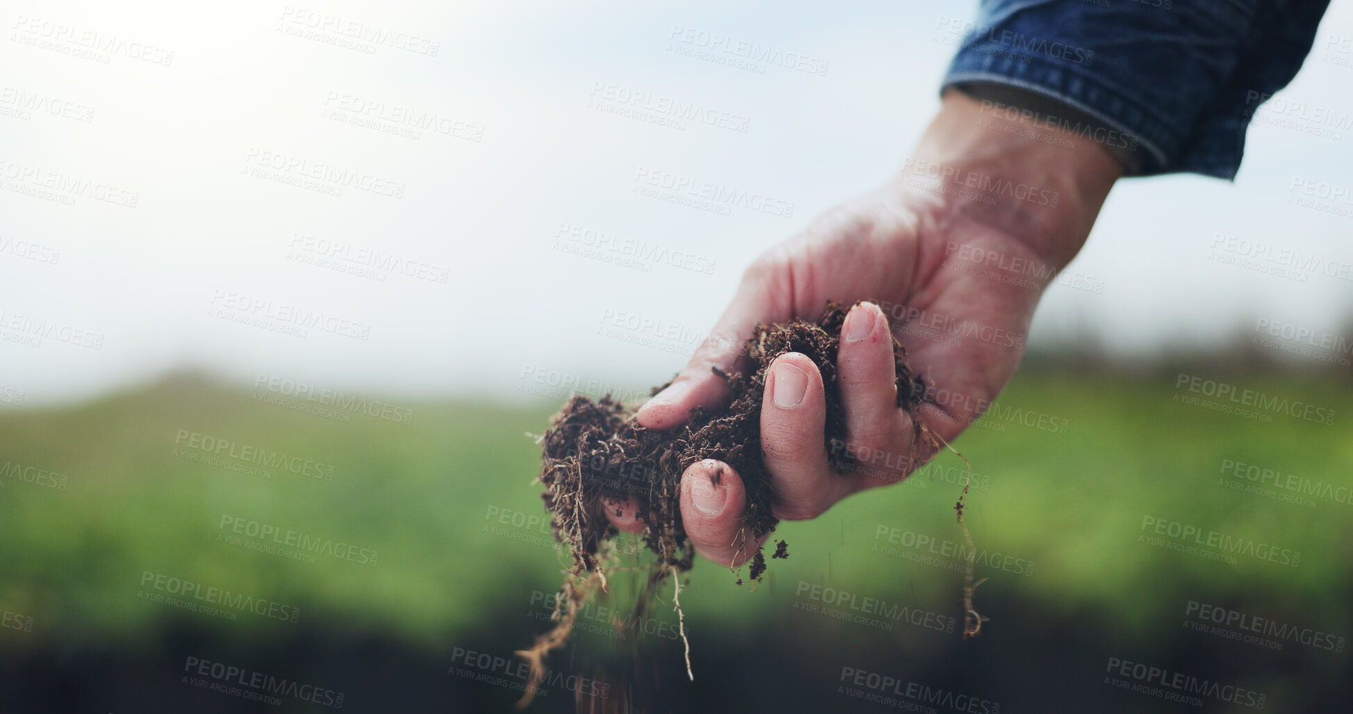 Buy stock photo Man, hands and soil on farm with inspection, quality assurance and sustainability for healthy crops. Space, person or farmer outdoor with compost evaluation, agriculture work or fertilizer nutrients.