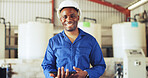 Happy, black man and portrait with tablet in factory for production, distribution or maintenance. Male person, engineer or smile with technology or hard hat in manufacturing plant for repair service