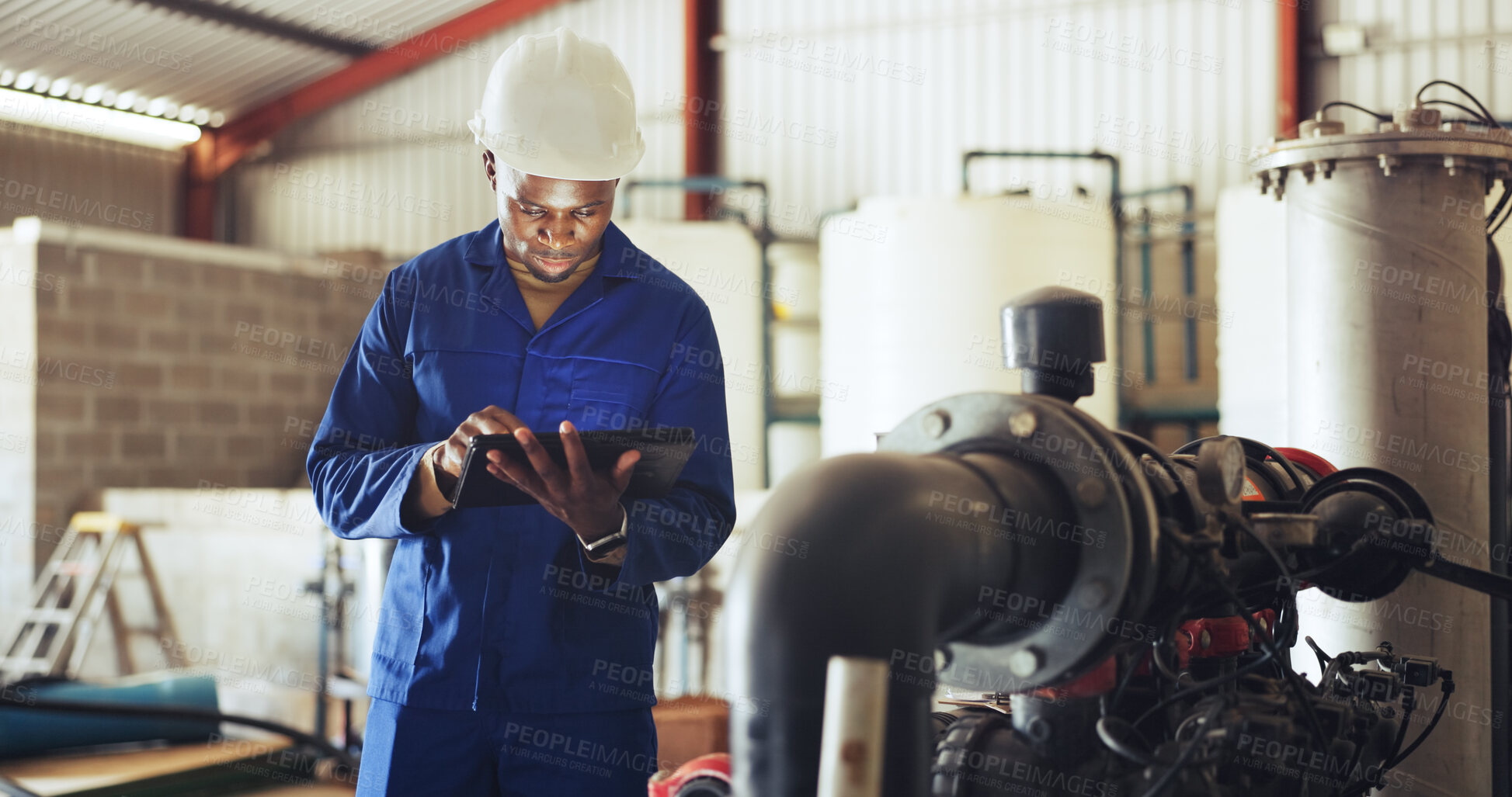 Buy stock photo Technician, man and inspection with tablet, industrial warehouse or checking water system for safety. Serious, inspector and black person with tech for quality control, maintenance and leak detection