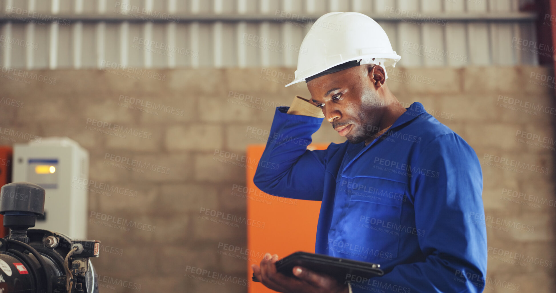 Buy stock photo Automation, review or engineer on site with tablet, quality control or testing results for online report. Machine, technician and black man with tech, system check or maintenance in digital checklist