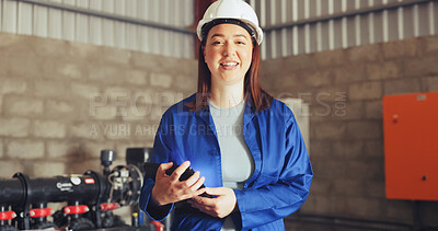Buy stock photo Happy woman, portrait or engineer with tablet in manufacturing plant for mechanical production. Female person, mechanic or technician with smile or technology for system repair or maintenance service