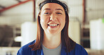Happy woman, portrait or contractor in manufacturing plant for mechanical production or engineering. Female person, mechanic or technician with smile for system fix, installation or factory service