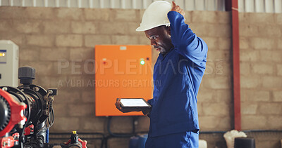 Buy stock photo Black man, tablet and thinking with hard hat in factory for system repair, fix or maintenance. Male person, engineer or technician contemplating with technology for quality check or troubleshooting