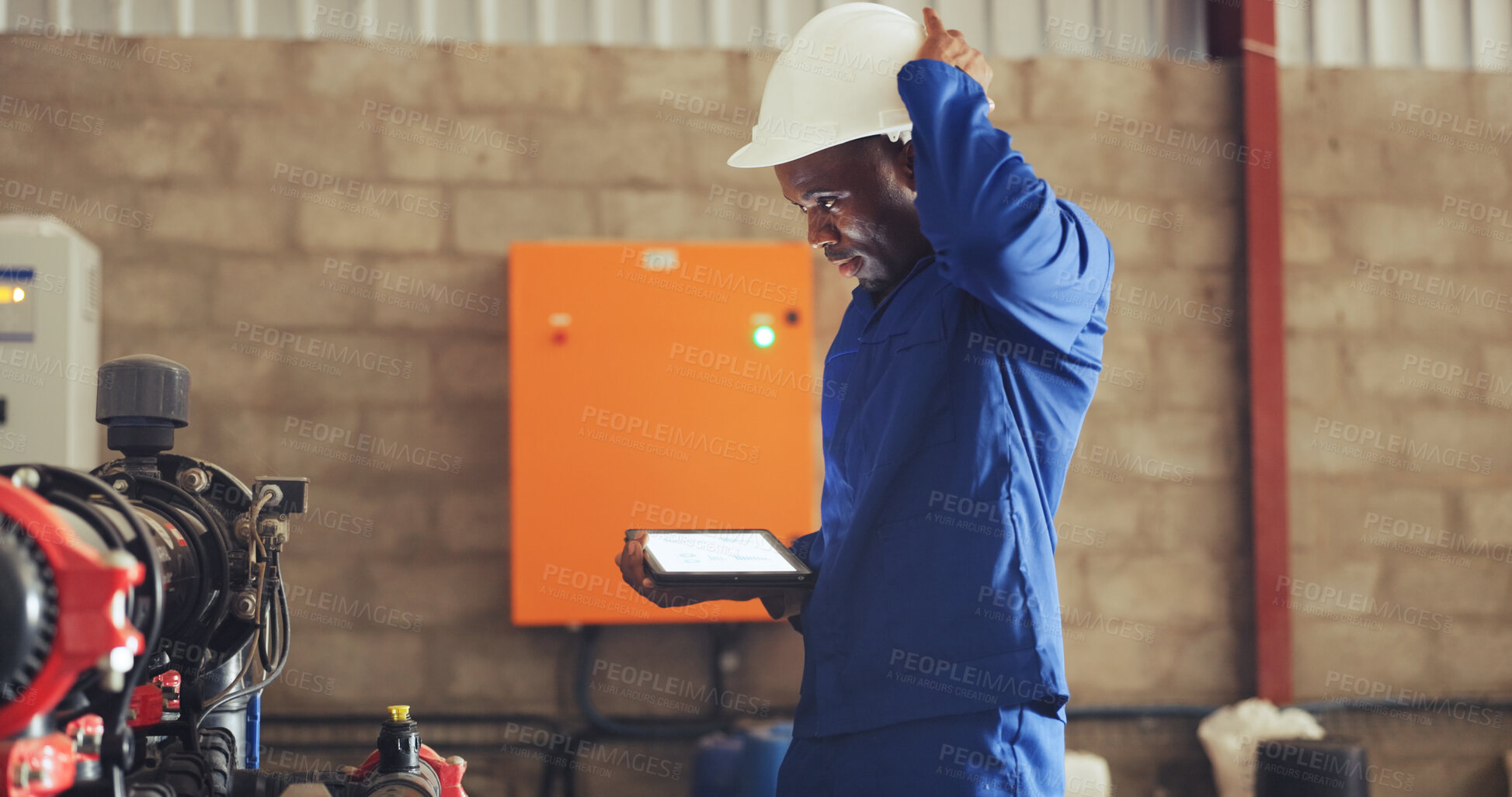 Buy stock photo Black man, tablet and thinking with hard hat in factory for system repair, fix or maintenance. Male person, engineer or technician contemplating with technology for quality check or troubleshooting
