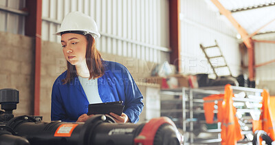 Buy stock photo Engineer, woman and machine inspection with tablet, serious or water system in industrial warehouse. Inspector, safety and person with technology for quality control, maintenance and leak detection