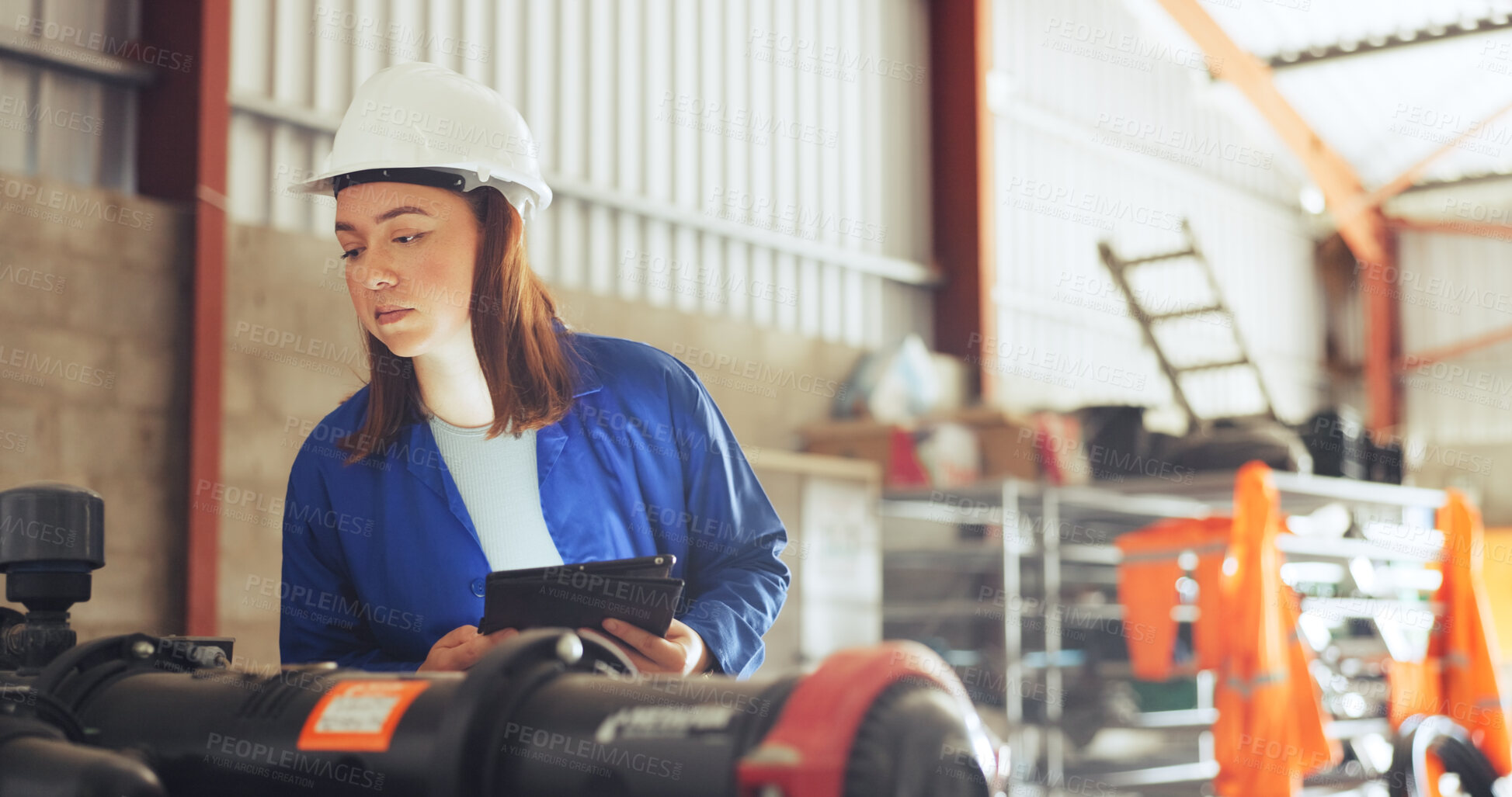 Buy stock photo Engineer, woman and machine inspection with tablet, serious or water system in industrial warehouse. Inspector, safety and person with technology for quality control, maintenance and leak detection