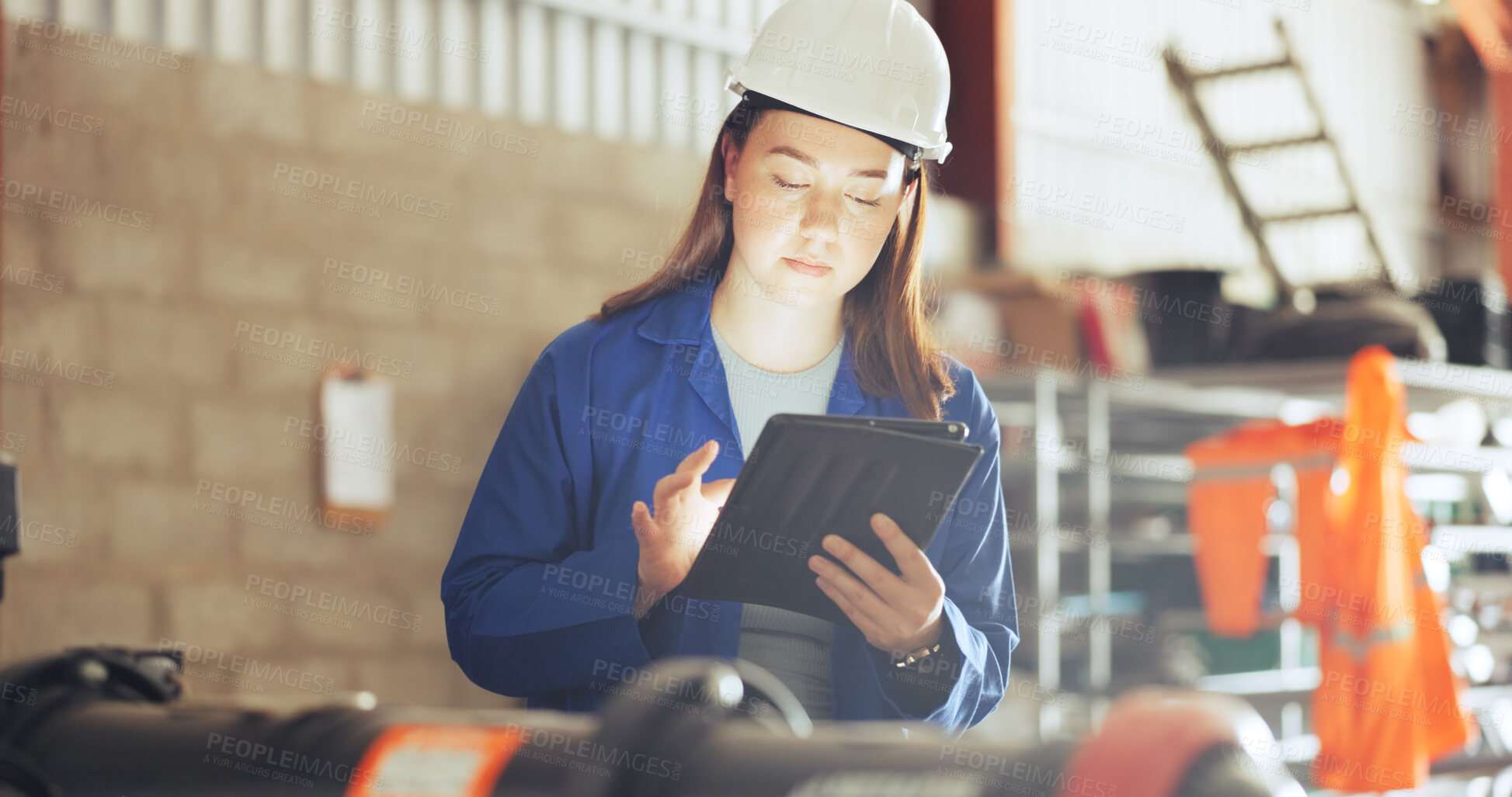 Buy stock photo Engineering, machine or woman on tablet at water plant for pressure data, diagnostics or update. Manufacturing, engineer and app at wastewater gauge for troubleshooting, quality control or compliance