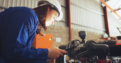 Buy stock photo Woman, engineer and inspection with tablet in factory for system repair, fix or maintenance. Female person, technician or mechanic checking water pump with technology for machine service or control