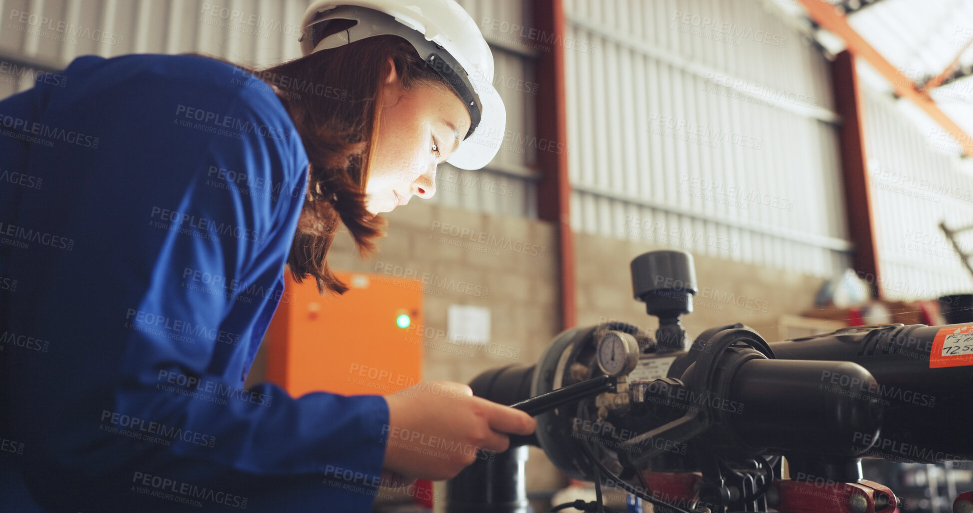 Buy stock photo Woman, engineer and inspection with tablet in factory for system repair, fix or maintenance. Female person, technician or mechanic checking water pump with technology for machine service or control