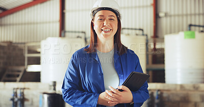 Buy stock photo Happy woman, portrait or technician with tablet in manufacturing plant for mechanical production. Female person, mechanic or engineer with smile or technology for system installation or service