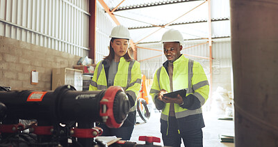 Buy stock photo Machine, team or tablet with inspection at water plant for pressure data, compliance or maintenance. Engineer, people or tech at wastewater gauge for performance, quality control or system efficiency