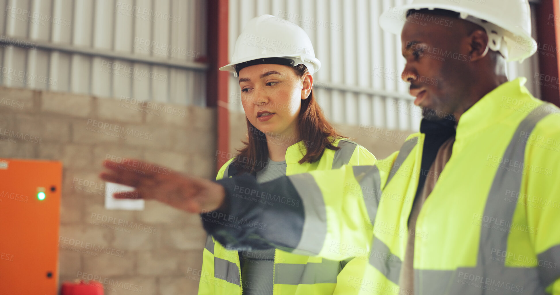 Buy stock photo Engineer, woman and team with discussion at water plant for inspection, system efficiency or update. Manufacturing, workers and talk at wastewater facility for maintenance, safety check or compliance