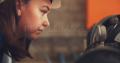 Buy stock photo Woman, meter or machine with pump for water pressure, quality assurance or control in factory. Female person, engineer or mechanic checking system temperature for fix, repair service or maintenance
